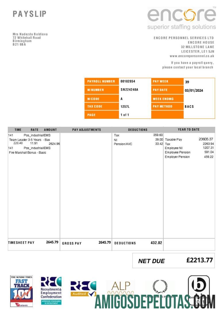 Imprimível Encore Personnel Services (recrutamento) Modelo de recibo de pagamento em formatos Word e PDF.pdf, 1